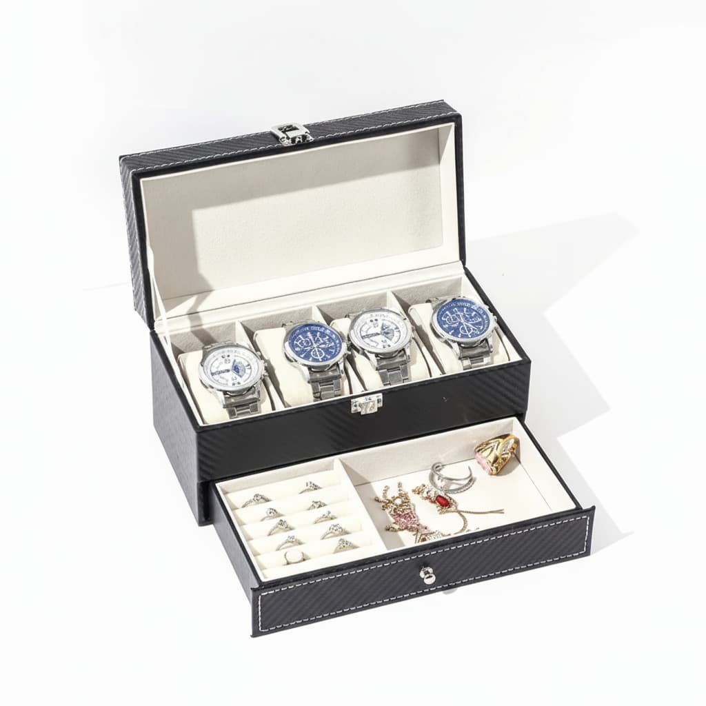 Coffret Montres Cuir Verrouillable 2 Niveaux Tiroir