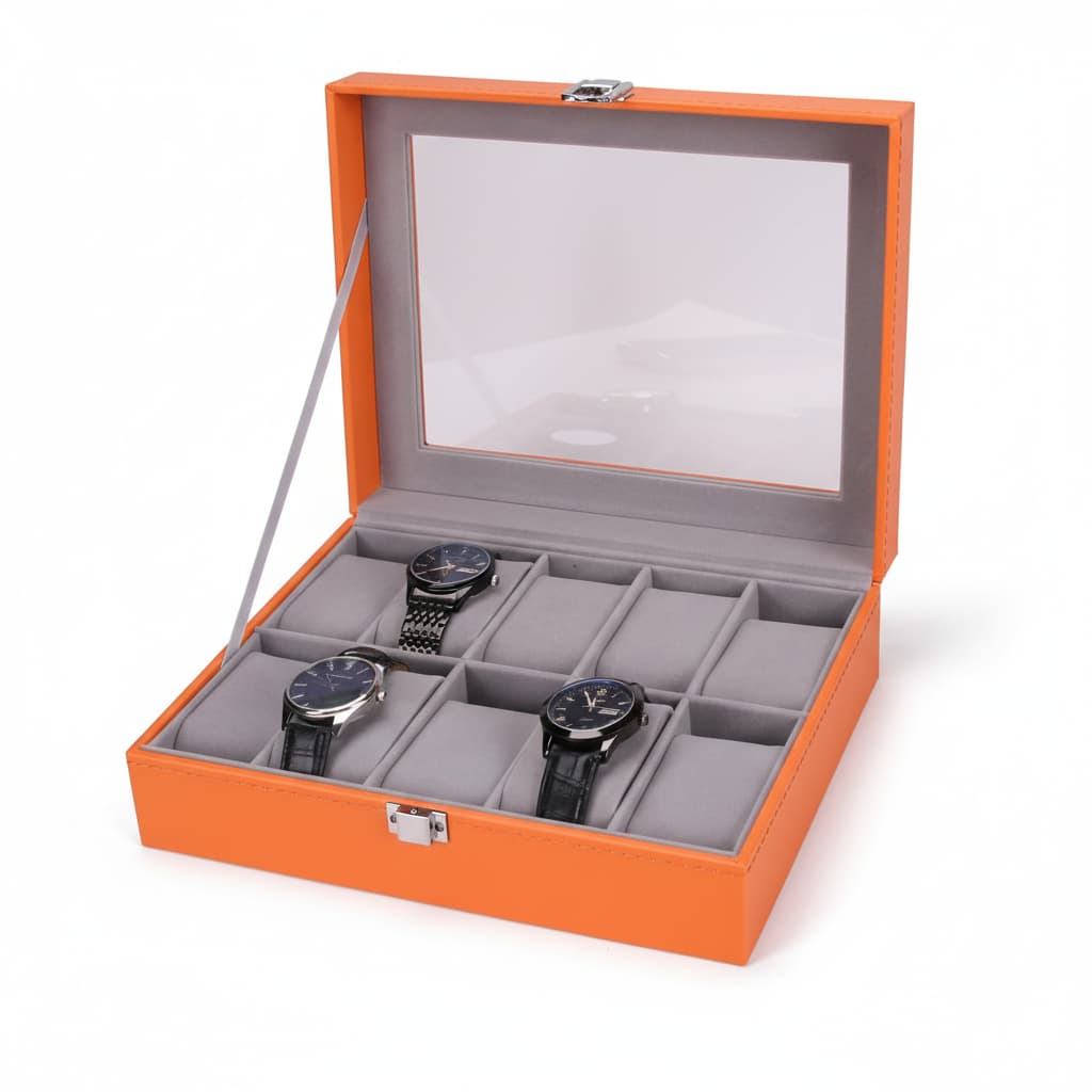 Boîte Montres Cuir Orange Vintage Vitrine