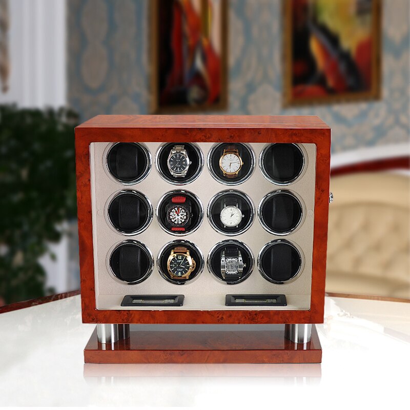 Remontoir Montre Bois 12 Slots Velours Cuir