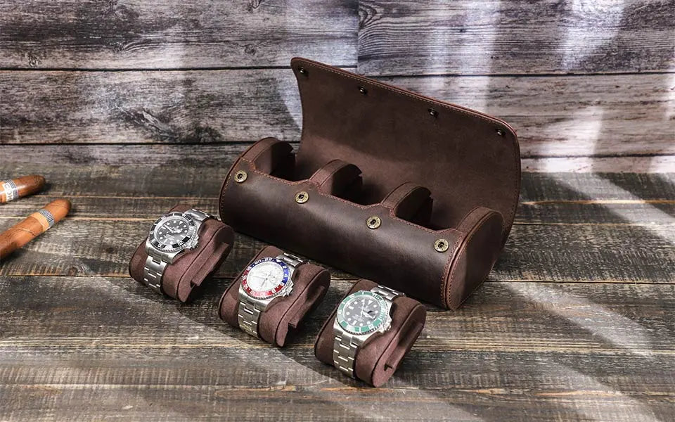 Etui Montre Cuir Veritable Marron 4 Places