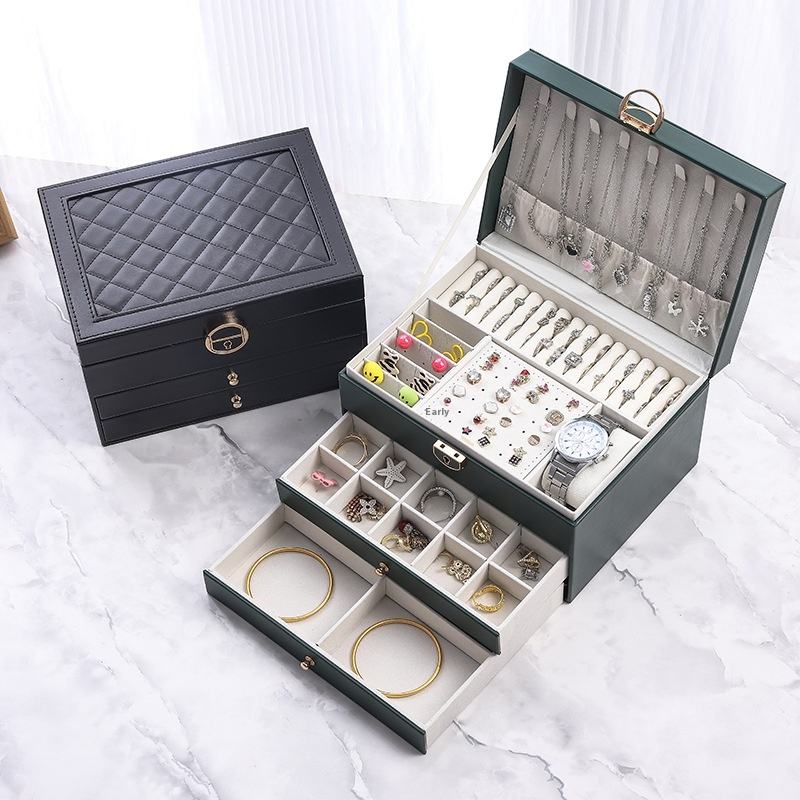 Boîte Bijoux Velours Tiroirs Serrure 2 Étages