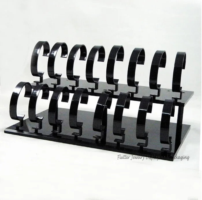 Présentoir montre étagère acrylique – étagère noire à deux couches de supports en C, vue de face