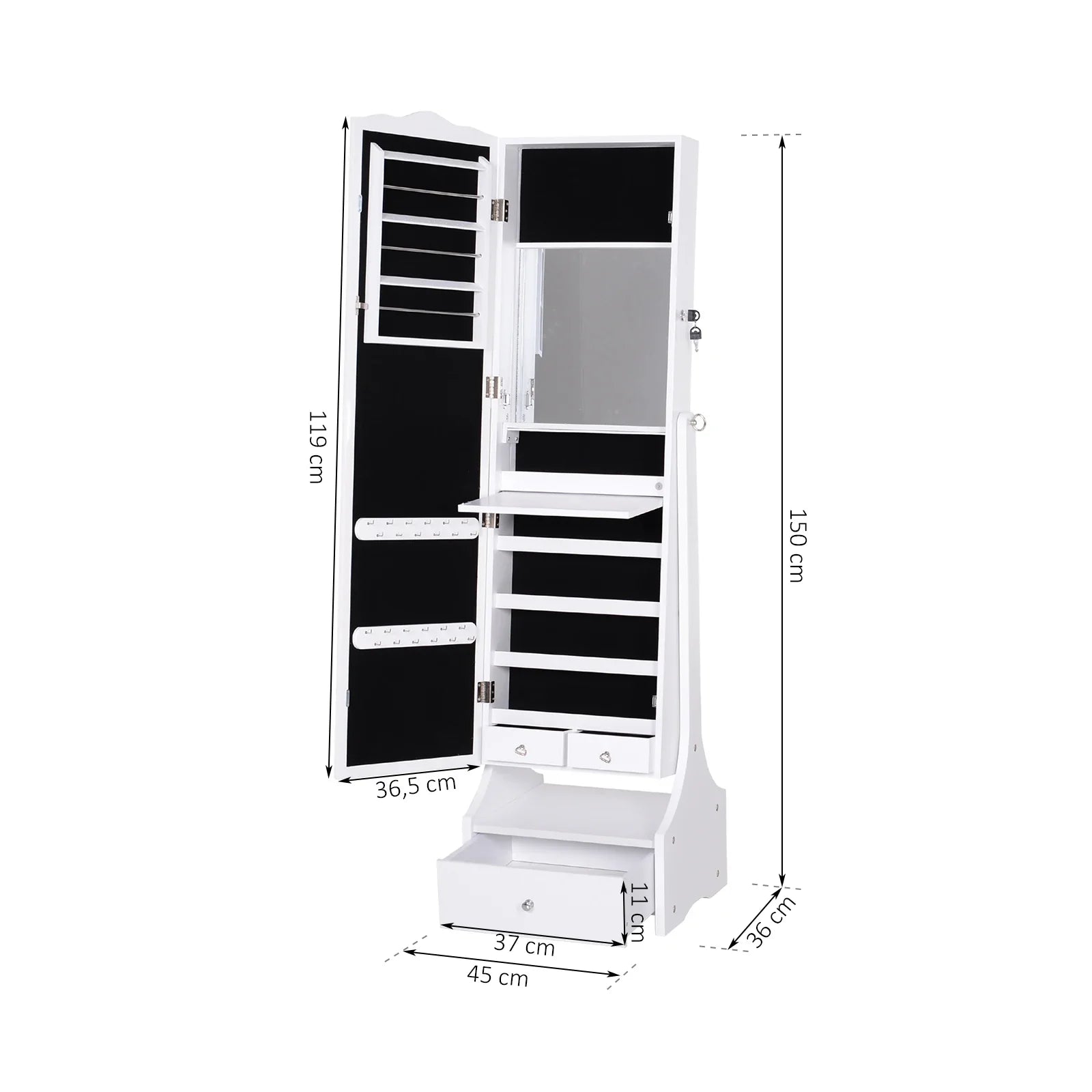 Boîte à Bijoux Bois Armoire LED Miroir Ajustable