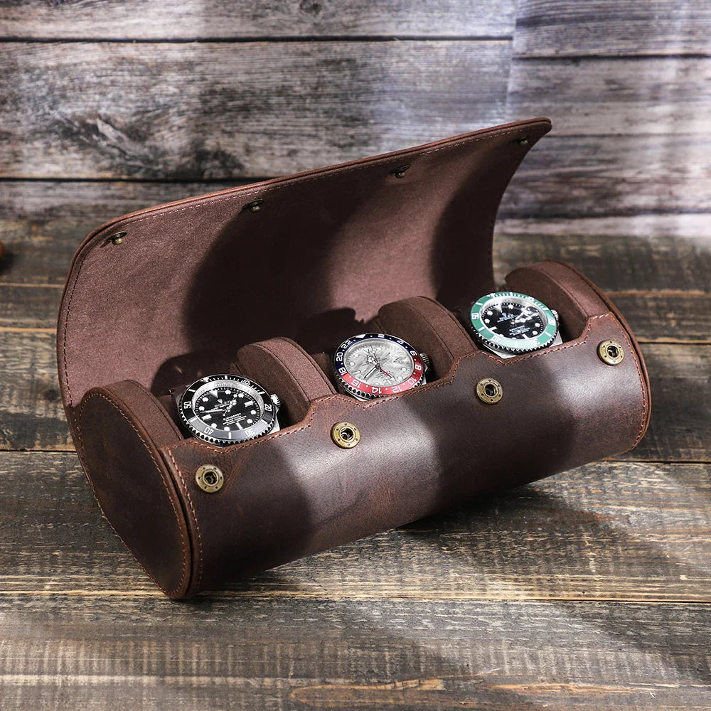 Etui Montre Cuir Veritable Marron 4 Places