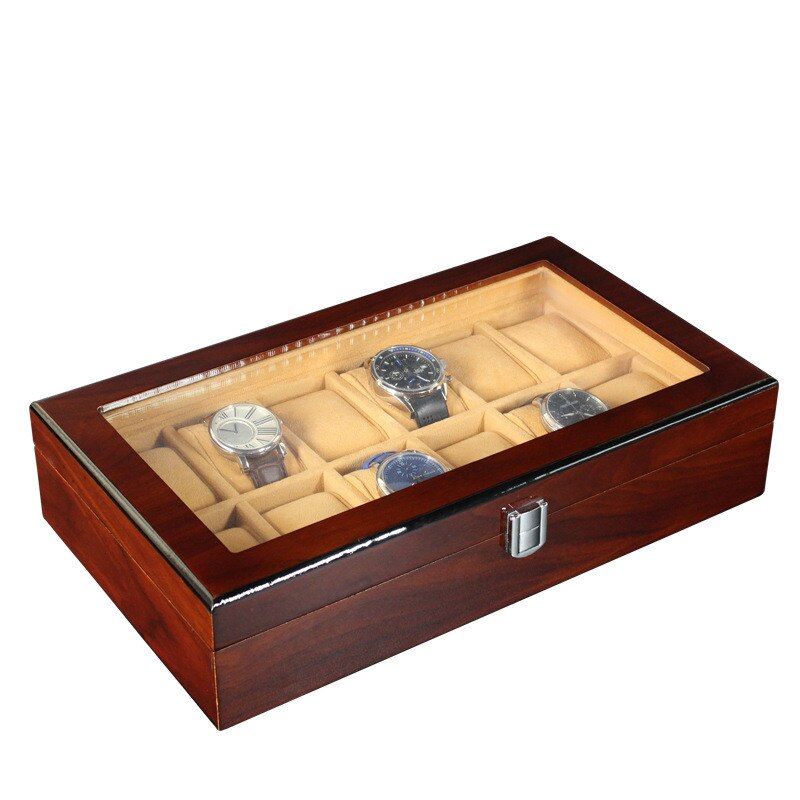 Boîte Montre Bois Marron 12 Slots Coussins Crème