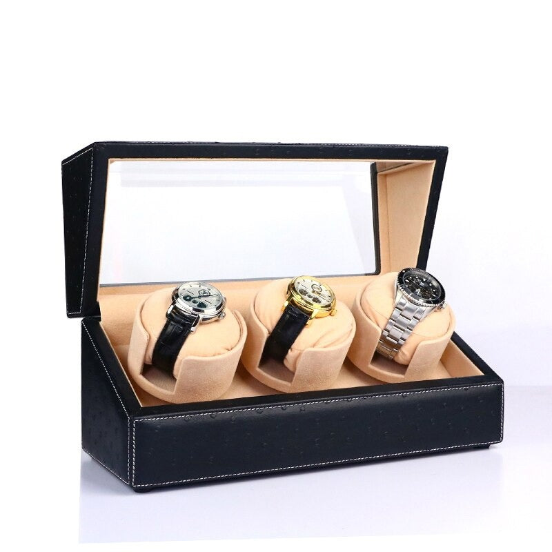 Remontoir Montre Cuir Noir 3 Places Luxe