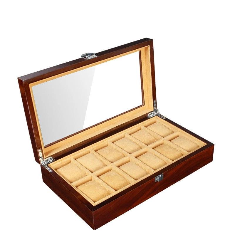Boîte Montre Bois Marron 12 Slots Coussins Crème