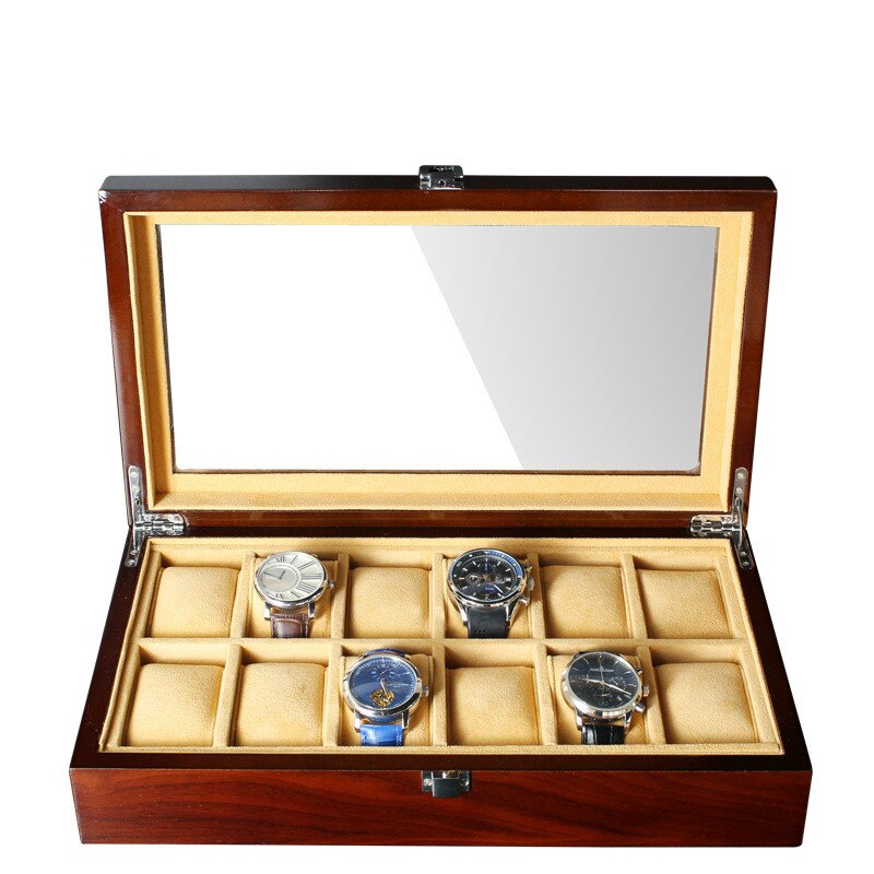 Boîte Montre Bois Marron 12 Slots Coussins Crème