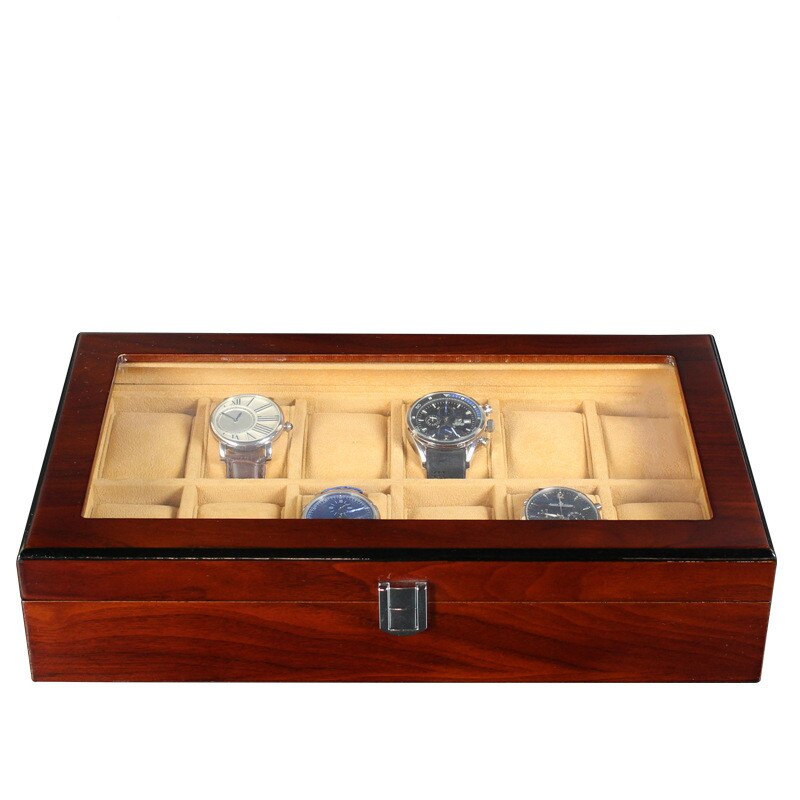 Boîte Montre Bois Marron 12 Slots Coussins Crème