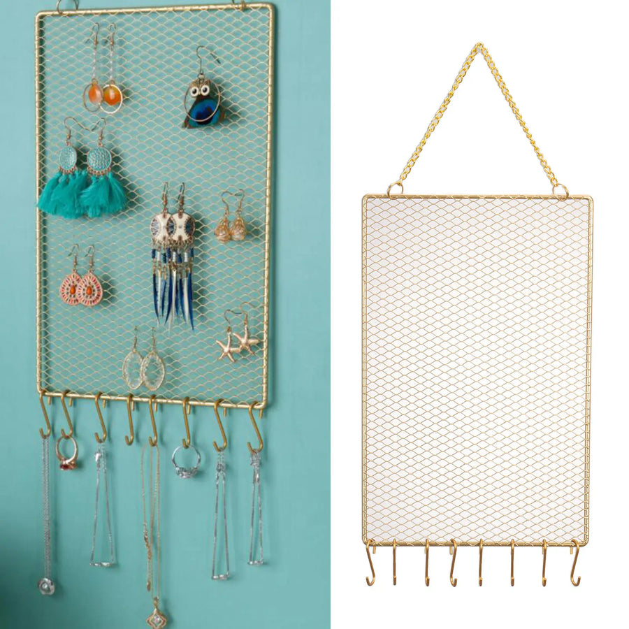 Présentoir Bijoux Mural Grille Métal Doré 28 x 18 cm