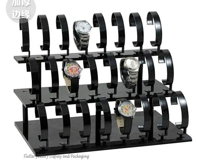 Présentoir montre étagère acrylique – étagère noire à trois couches de supports en C avec des montres