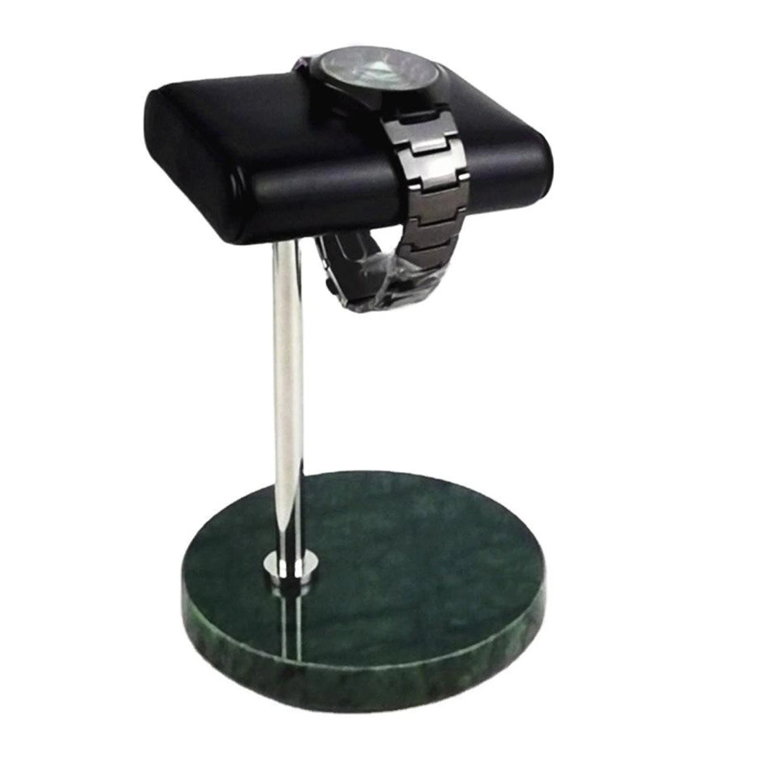 Présentoir montre marbre rond – marbre vert, tige argentée, montre sur le coussin
