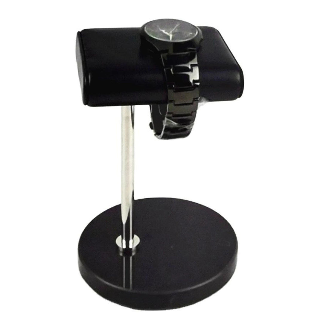 Présentoir montre marbre rond – marbre noir, tige argentée, montre sur le coussin
