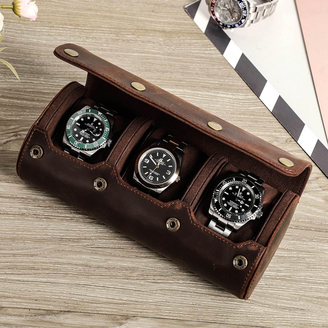 Étui Montre Cuir Marron 3 Places Nova
