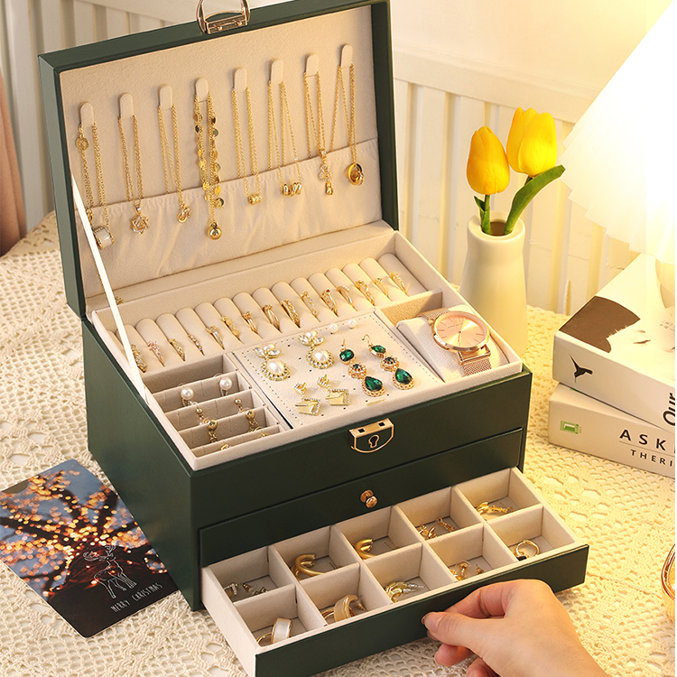 Boîte Bijoux Velours Tiroirs 2 Étages Femme