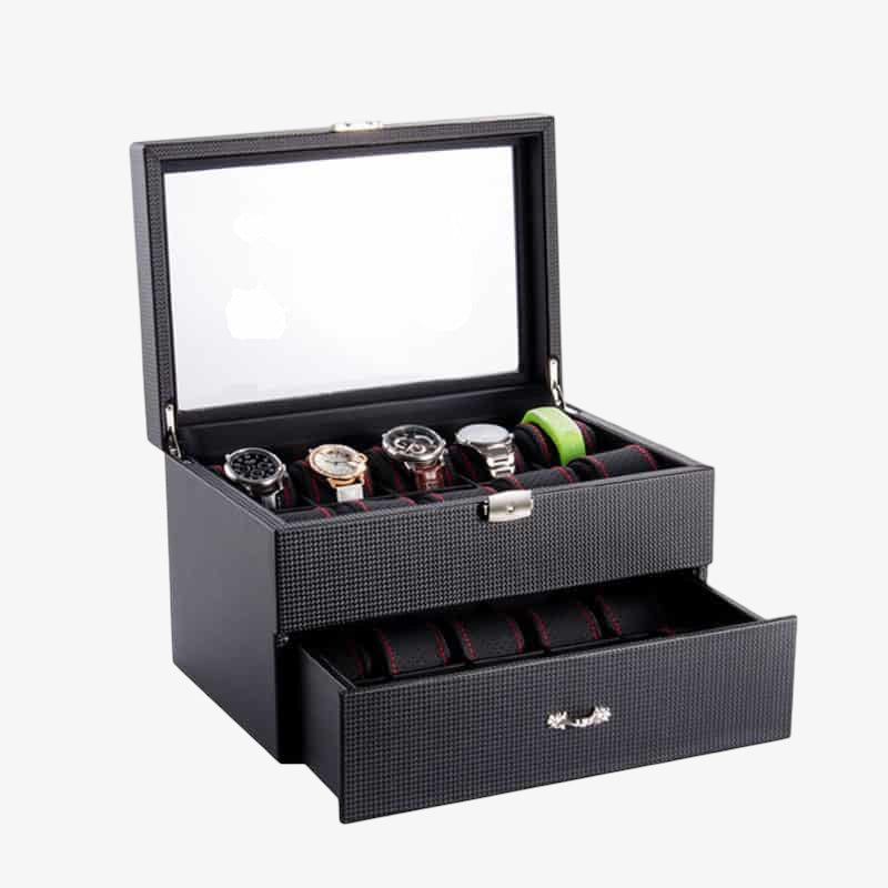 Coffret Montres Carbone Vitrine Verre Transparent