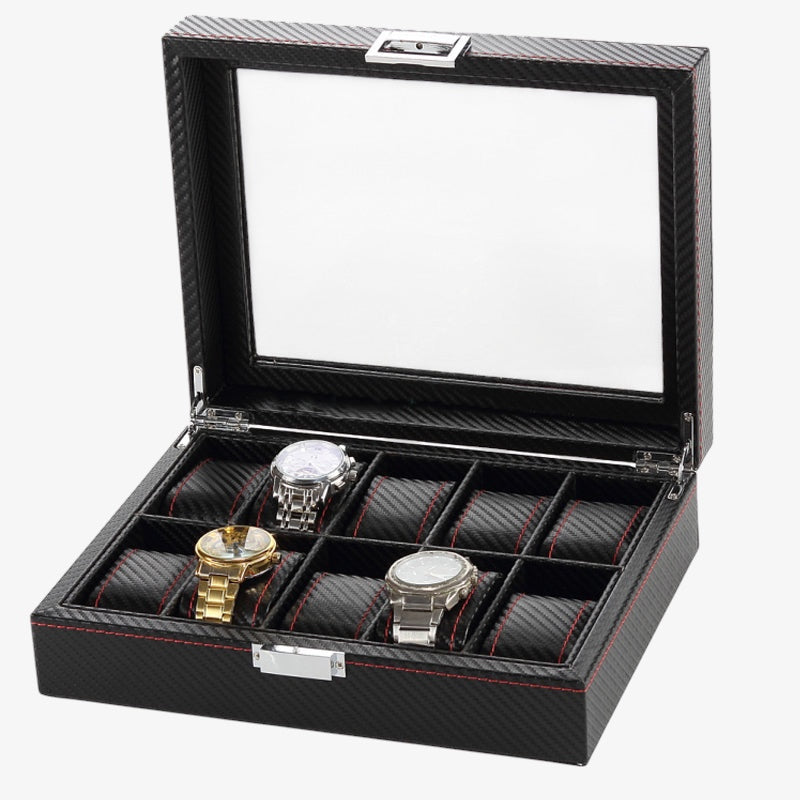 Coffret Montres Carbone Vitrine Verre Transparent