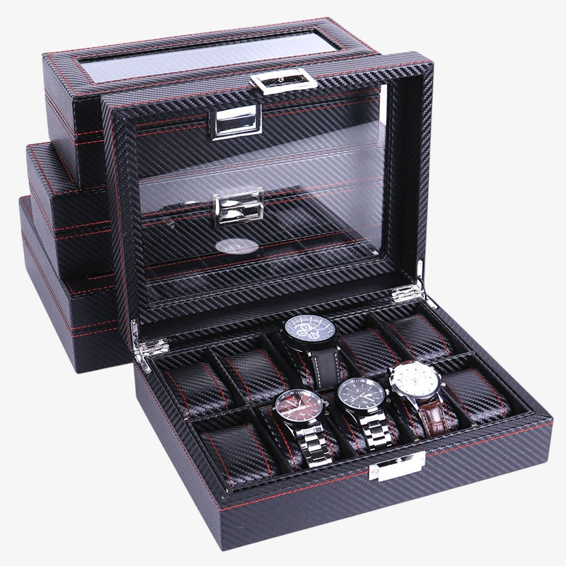 Coffret Montres Carbone Vitrine Verre Transparent