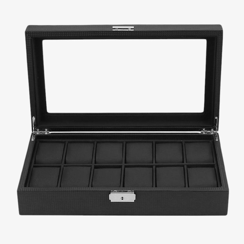 Coffret Montres Carbone Vitrine Verre Transparent