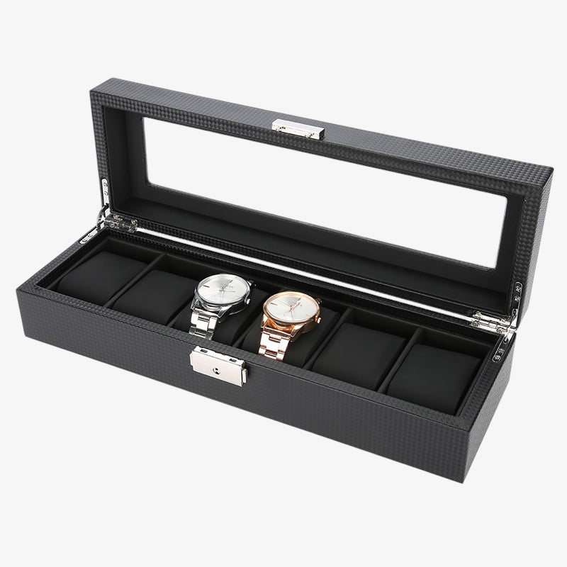 Coffret Montres Carbone Vitrine Verre Transparent