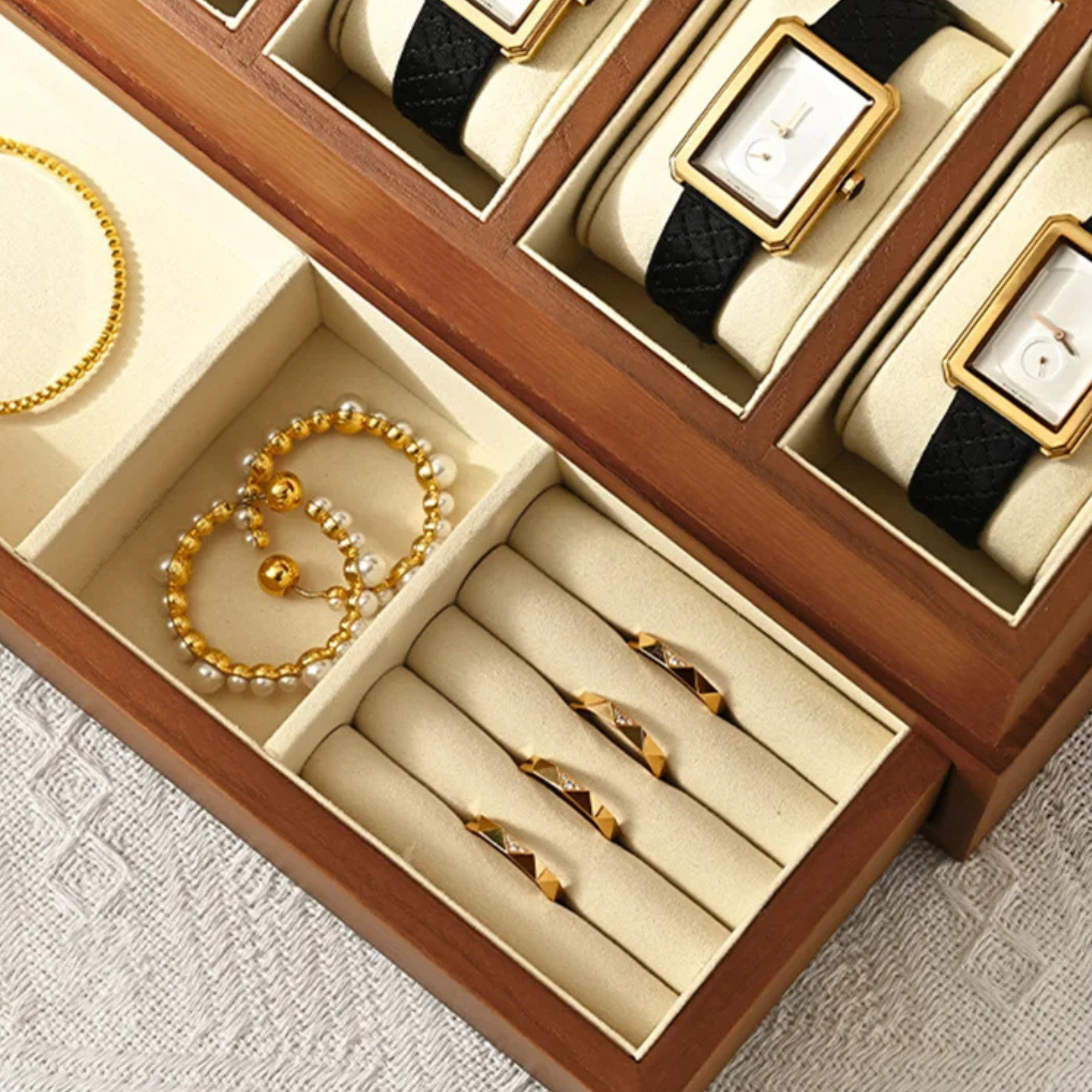 Boîte Montre Bois Double Étage Coffret 6 Places