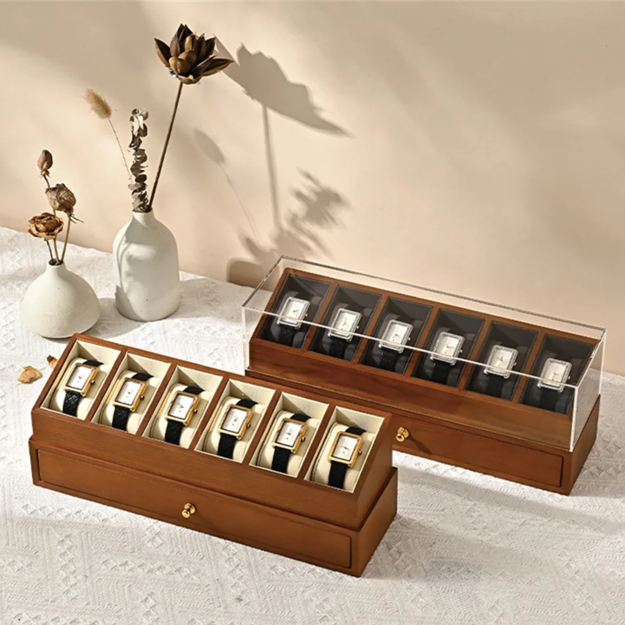 Boîte Montre Bois Double Étage Coffret 6 Places