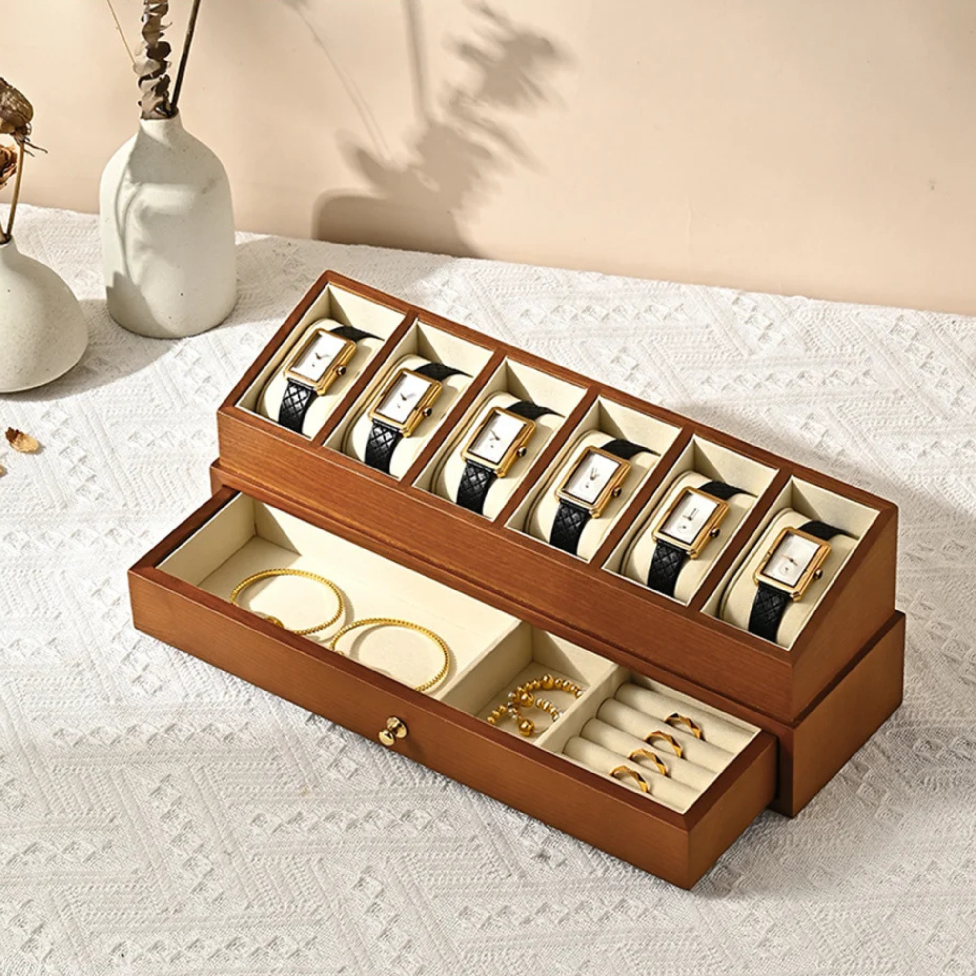 Boîte Montre Bois Double Étage Coffret 6 Places