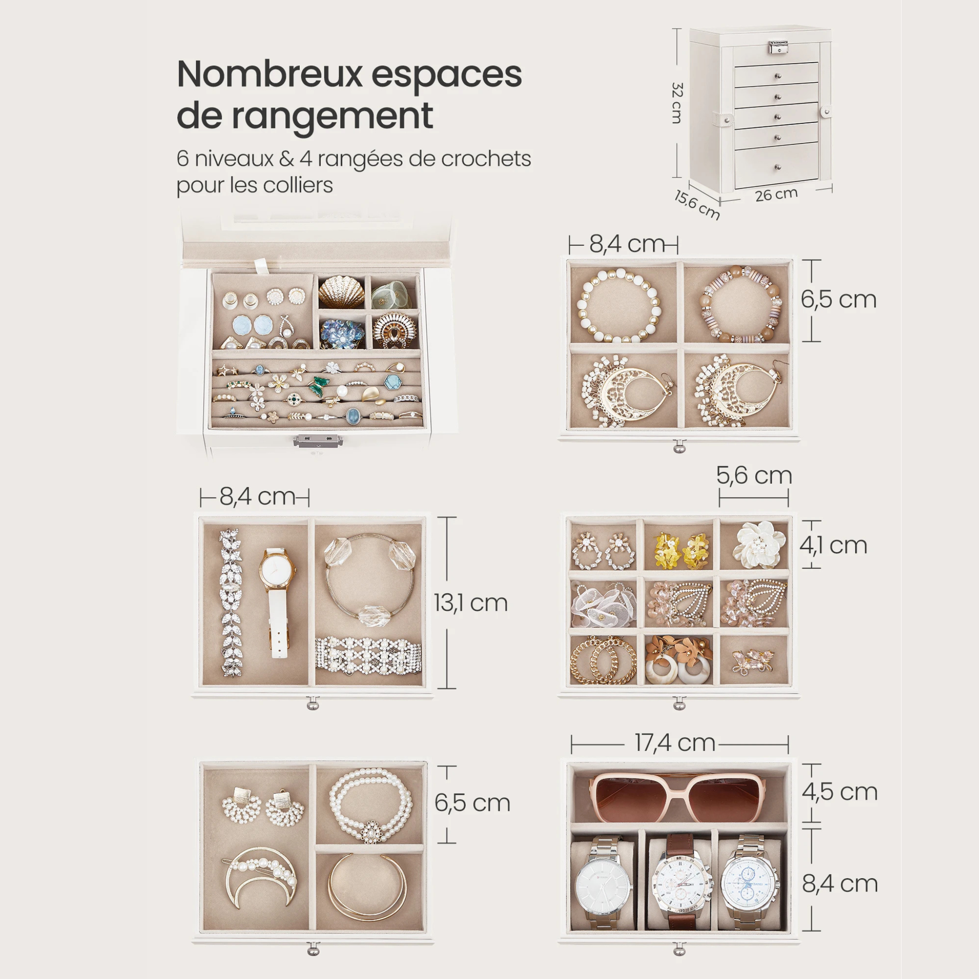 Boîte Bijoux Bois 6 Niveaux Miroir Serrure