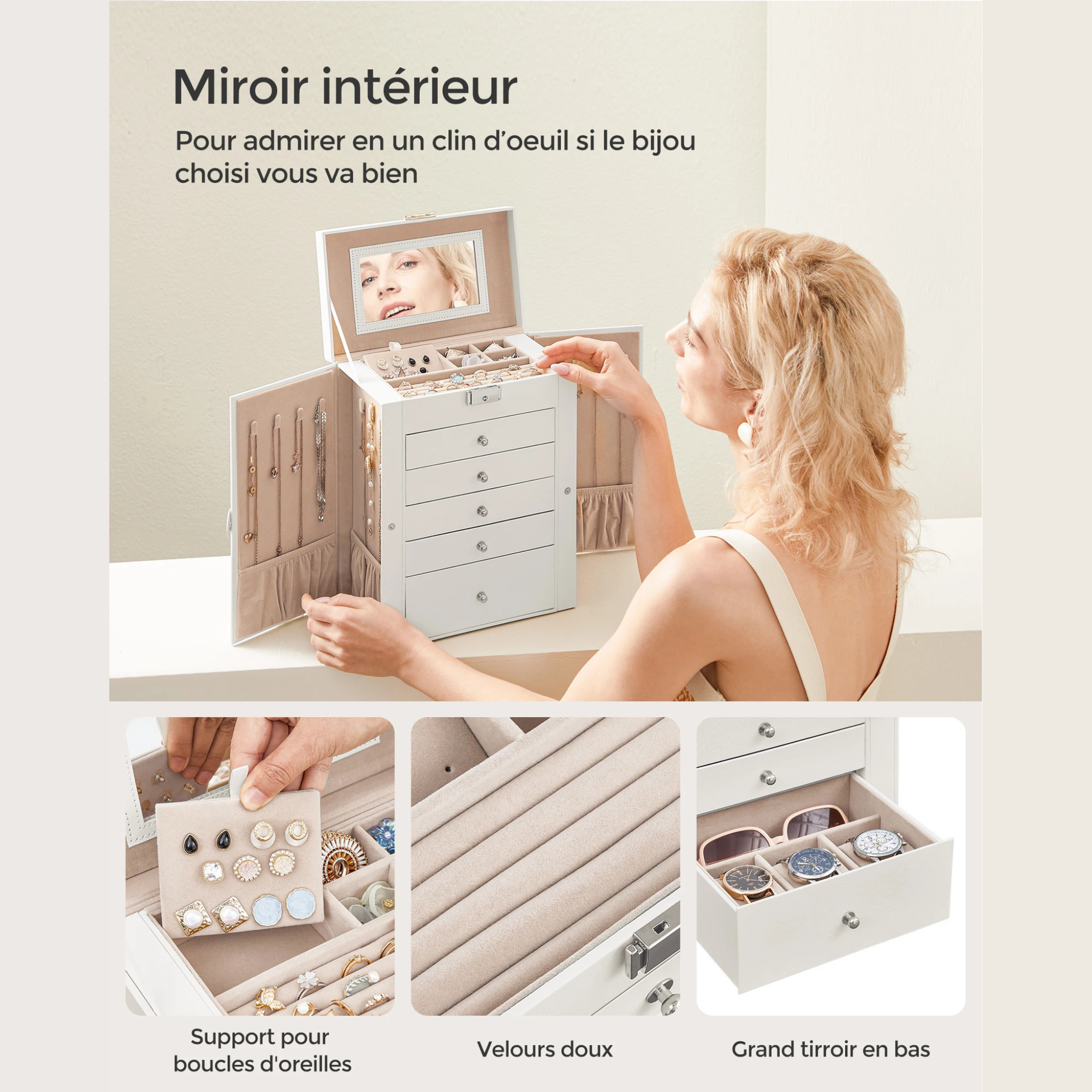 Boîte Bijoux Bois 6 Niveaux Miroir Serrure