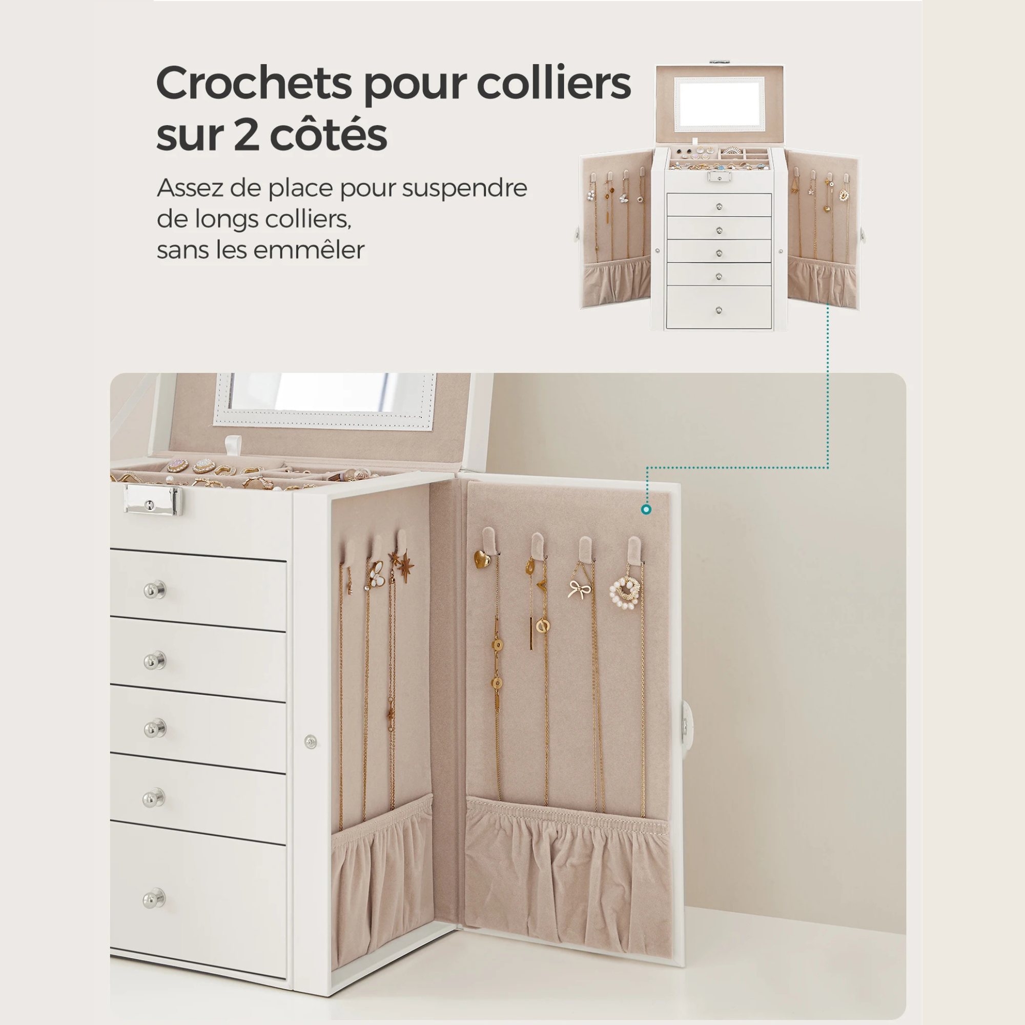 Boîte Bijoux Bois 6 Niveaux Miroir Serrure