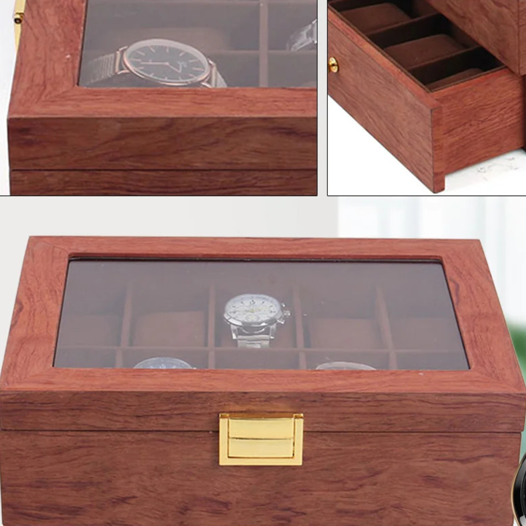 Boîte Montre Bois Verre 20 Compartiments Vitrine