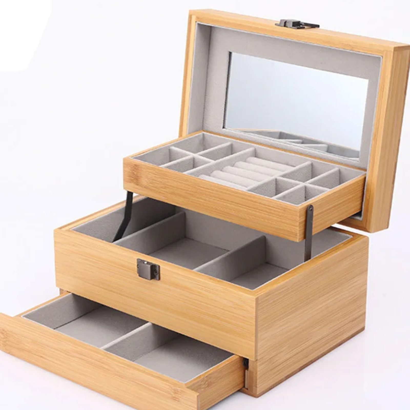Boîte Bijoux Bois Bambou Miroir Tiroirs