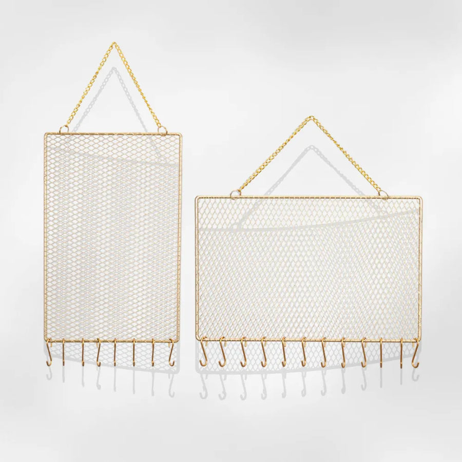 Porte Bijoux Mural Grille Métal Doré avec Chaîne et Crochets