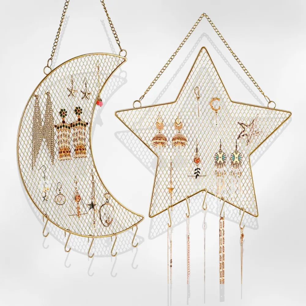 Porte Bijoux Mural Métal Doré Lune Étoile