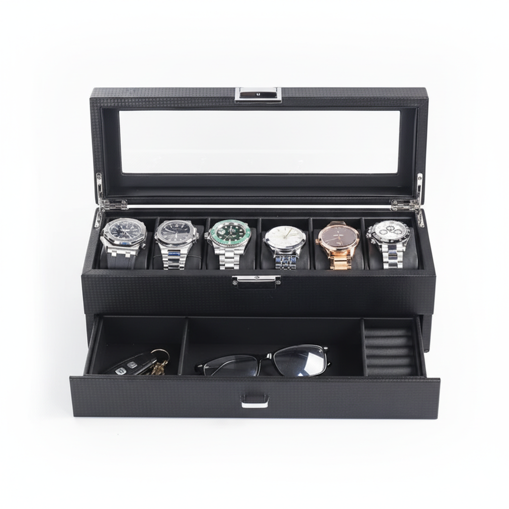 Boîte Montre Plastique Carbone Vitrine 6 Places