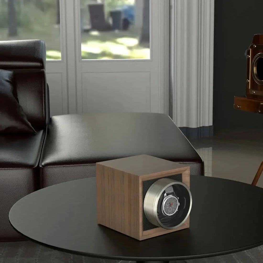 Remontoir chêne USB – en situation sur une table basse