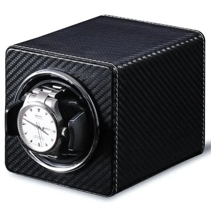 Remontoir Montre Cuir Fibre Carbone Noir