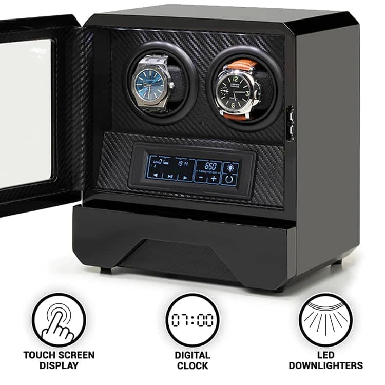 Remontoir Montre Cuir Moderne 2 Places Carbone Double