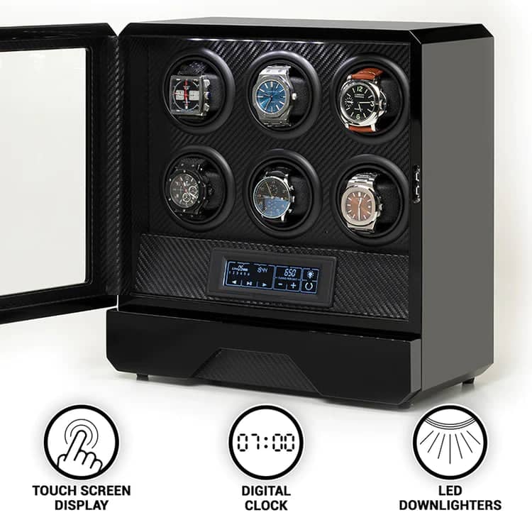 Remontoir Montre Cuir Moderne 6 Places Carbone