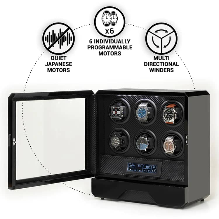 Remontoir Montre Cuir Moderne 6 Places Carbone