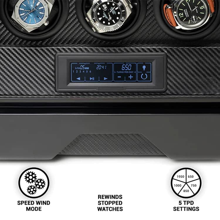 Remontoir Montre Cuir Moderne 6 Places Carbone