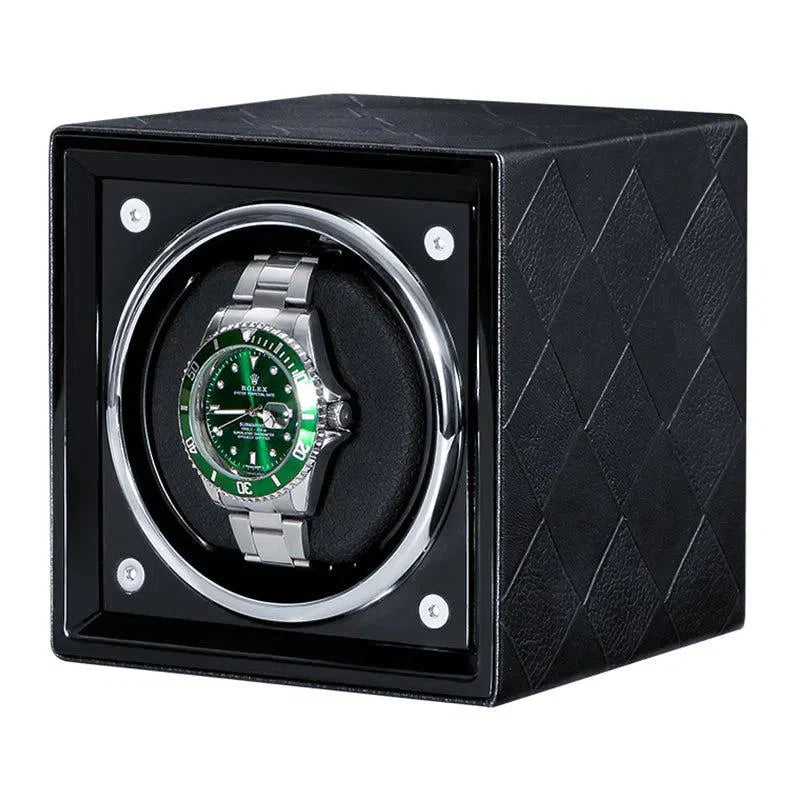 Remontoir Montre Cube Cuir Noir Tressé