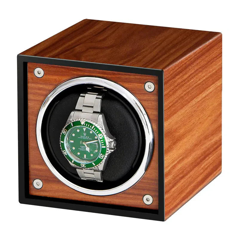 Remontoir Montre Cube Bois Noyer Cuir