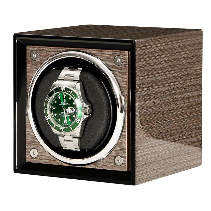 Remontoir Montre Cube Bois Sépia Cuir