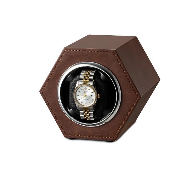 Remontoir Montre Cuir Café Hexagonal