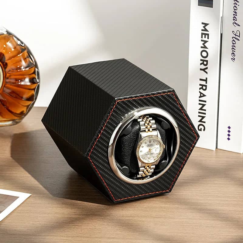 Remontoir Montre Cuir Hexagonal Carbone