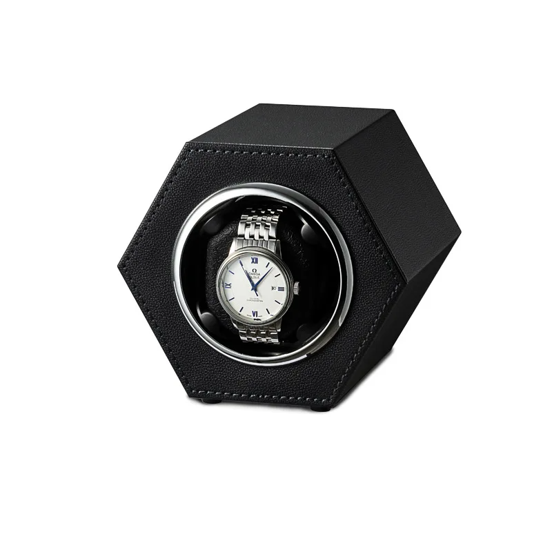 Remontoir Montre Cuir Noir Hexagonal Luxe