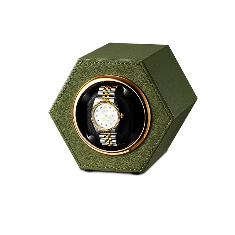 Remontoir Montre Cuir Vert Kaki Hexagonal