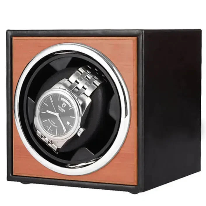 Remontoir Montre Cube Bois Cuir Noir Moderne