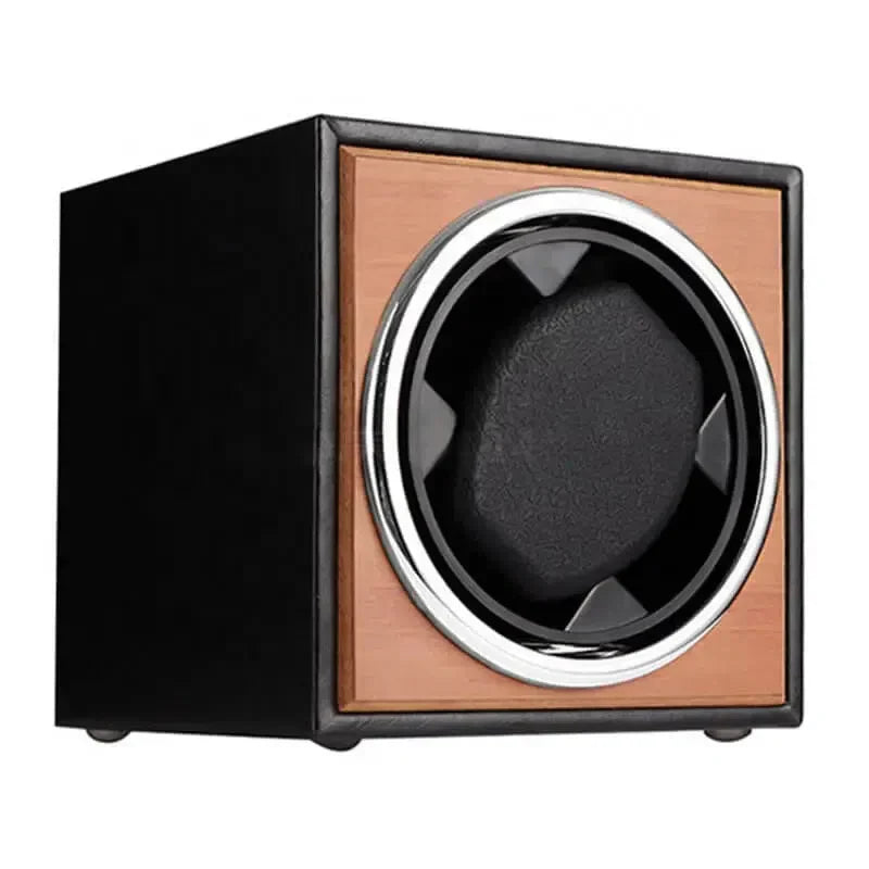 Remontoir Montre Cube Bois Cuir Noir Moderne